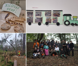Montage photos repr&eacute;sentant des &eacute;l&egrave;ves en chantier-&eacute;cole mais aussi leurs productions d'arts plastiques en lien avec l'anniversaire du partenariat Parc - Lyc&eacute;e