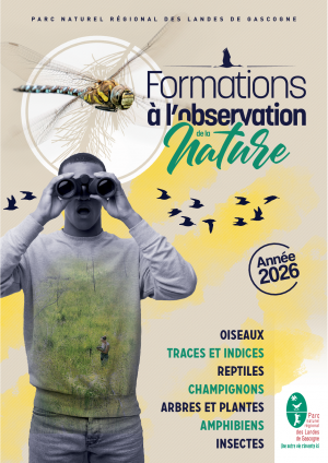 Couverture de la brochure repr&eacute;sentant un homme qui regarde dans des jumelles, il y a &eacute;galement une libellule, des silhouettes d'oiseaux et le nom de toutes les formations propos&eacute;es en 2026