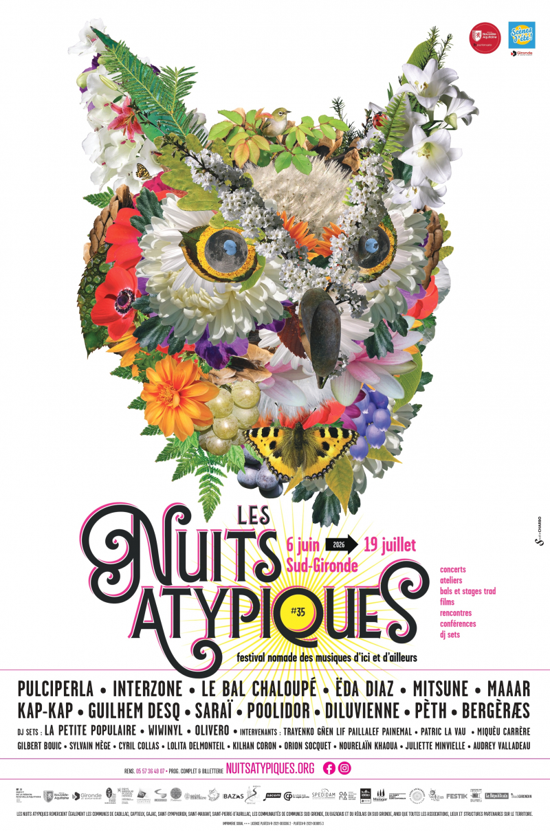 Affiche représentant un hibou constitué de fleurs et d'insectes, avec le nom du festival, les dates et les artistes présents